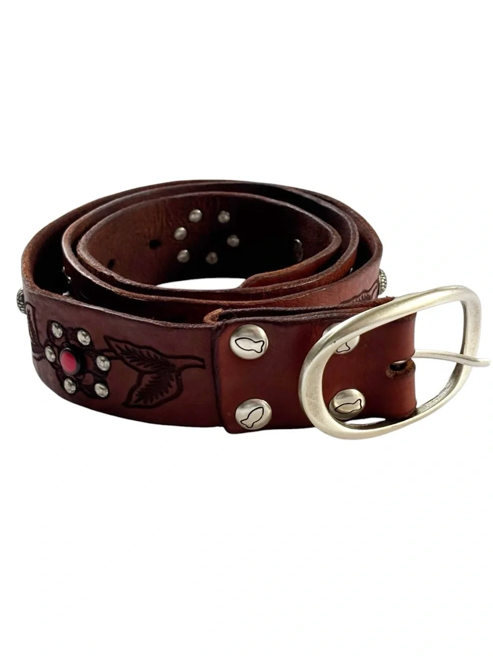 Campomaggi Iperico Cognac-coloured leather belt w/ metallic studs floral motif